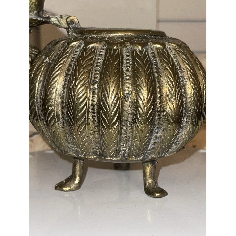 Antique Indian Cast Bronze Mughal Footed Ink Well w/ Peacock Lid‎ & Fluted Sides